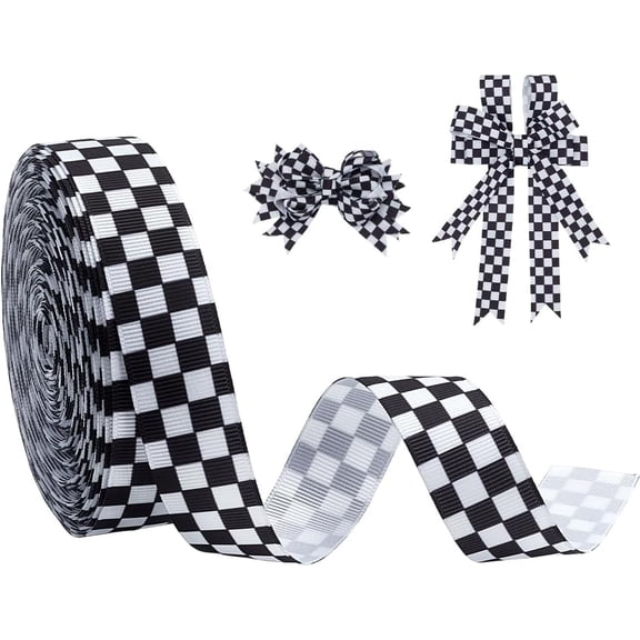 20 Yards Checkered Ribbon Black and White Gingham Ribbon 7/8 Inch Wide Plaid Grosgrain Ribbons Racing Car Theme Ribbons