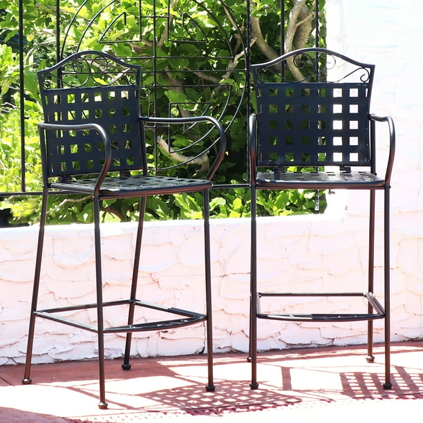 Sunnydaze Outdoor Black Wrought Iron Scrolling Bar Chairs Set of 2