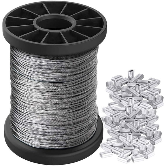 Picture Hanging Wire 1.5mm Up to 150lbs,100Feet(30.5M) Stainless Steel Wire Spool with 40Pcs Aluminum Crimping Loop Sleeve,Heavy Hanging Kit for Photo Frame Picture,Artwork,Mirror,String Light Hanging