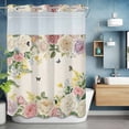 thumbnail image 2 of Vintage Flowers No Hook Shower Curtain with Snap in Liner White Pink Purple Flower Plants Butterflies Linen Waterproof Bathroom Shower Curtain with See Through Top Window for Bathtub 72" x 84", 2 of 9