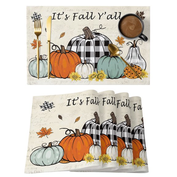 Autumn Pumpkin Placemats Set of 1 Harvest It's Fall Y'all Maple Leaf Beige Heat Insulation Washable Place Mats, Non-Slip Table Mats for Dining Table Party Kitchen Decor, 13x19 Inch