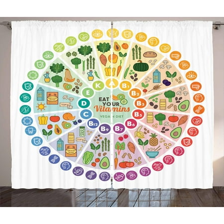 Vegan Curtains 2 Panels Set, Vitamin Vegan Food Sources and Functions Rainbow Wheel Chart with Icons Healthcare, Window Drapes for Living Room Bedroom, 108W X 90L Inches, Multicolor, by (The Best Vitamin B 6 Food Sources Include)