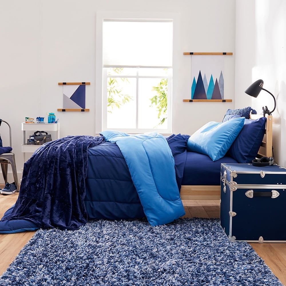 OCM College Dorm 7Piece Bedding Bundle in Light Blue and Navy