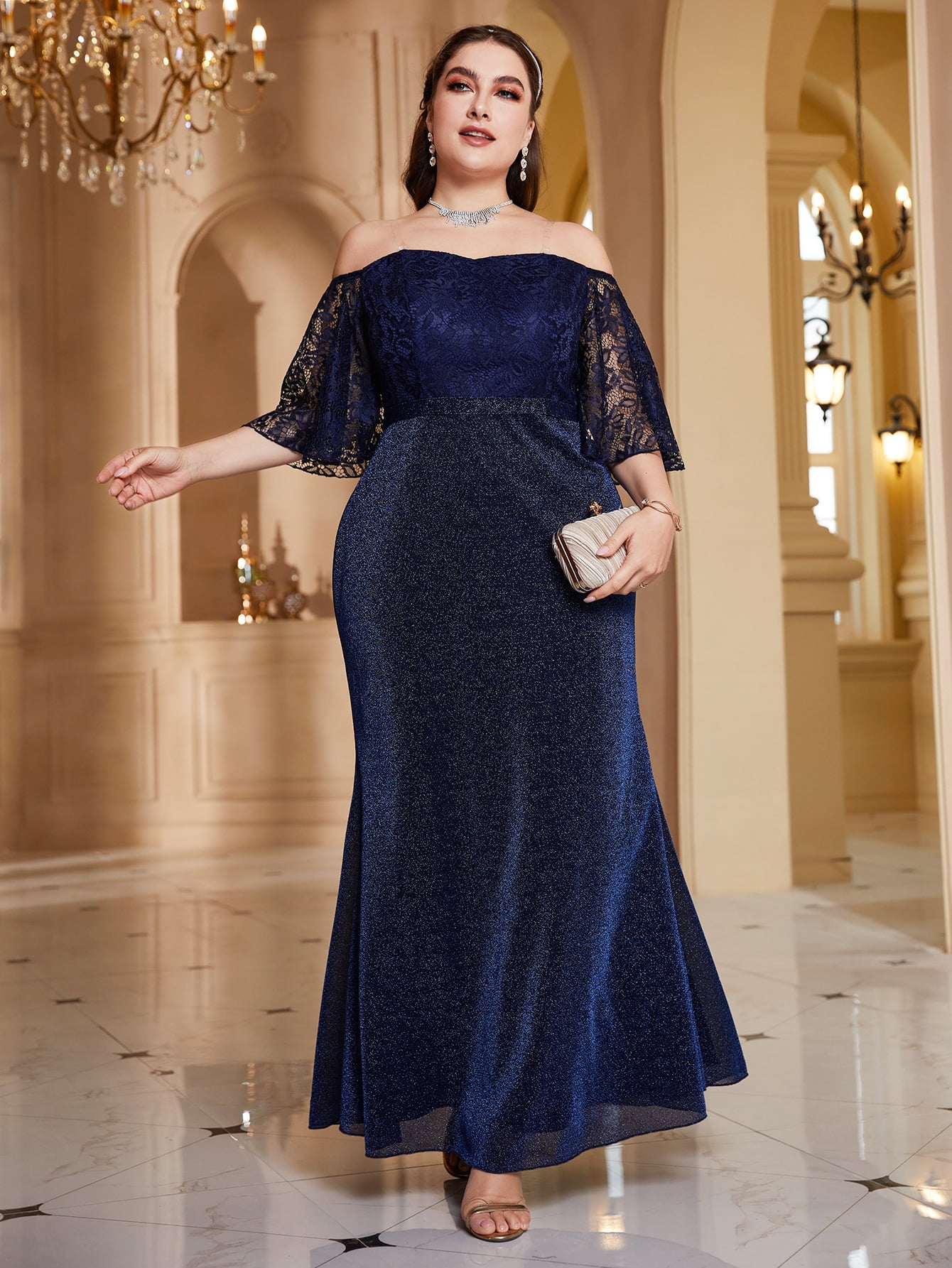 Navy Blue Women's Plus Off Shoulder 