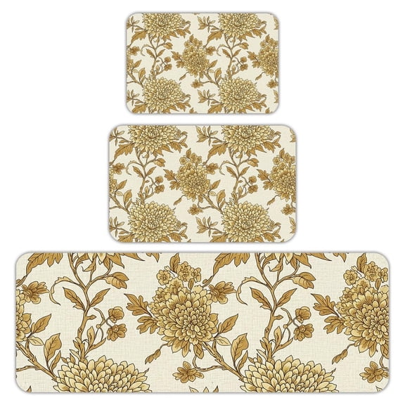 RKSupls Kitchen Rug Set 3 Piece Anti-Slip Flannel Floor Mats, Floral Block Washable Absorbent Runner Mats for Kitchen Bathroom Home Decor