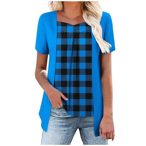 Womens Summer Tops Buffalo Plaid Fake Two Piece Tshirts Sweetheart Neckline Short Sleeve Pleated Tops Loose Fit Comfy Tunic Patchwork Tee Shirts Fashion Spring Clothing