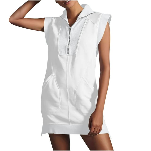 LOVZFMLL Robes Femmes Solide Demi-Fermeture à Glissière Chandail en Molleton Poche Patchwork Été Sans Manches Col Rabattu Chandail Mini Robe