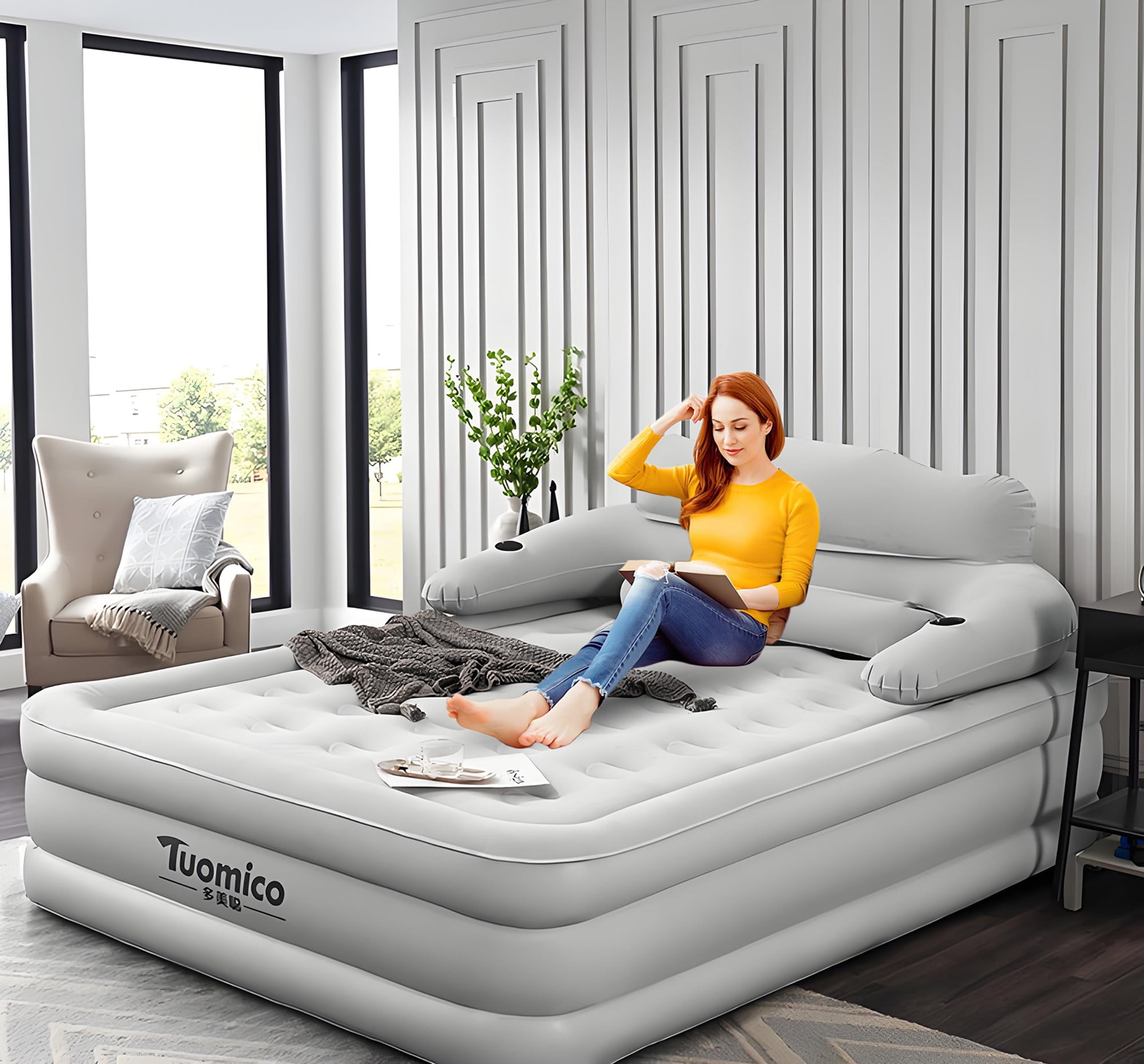 Beuway 19"Queen Air Mattress with Headboard & Pump, Inflatable Portable Comfort Airbed for Travel Home,661lb Max,Gray