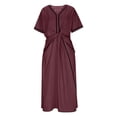thumbnail image 4 of Gamivast Dresses for Women Linen Short Sleeve V-Neck Twist Front Maxi Dress Loose Fit A-Line Long Dress with Pockets Casual Resort Vacation Beach Dress Wine S, 4 of 6