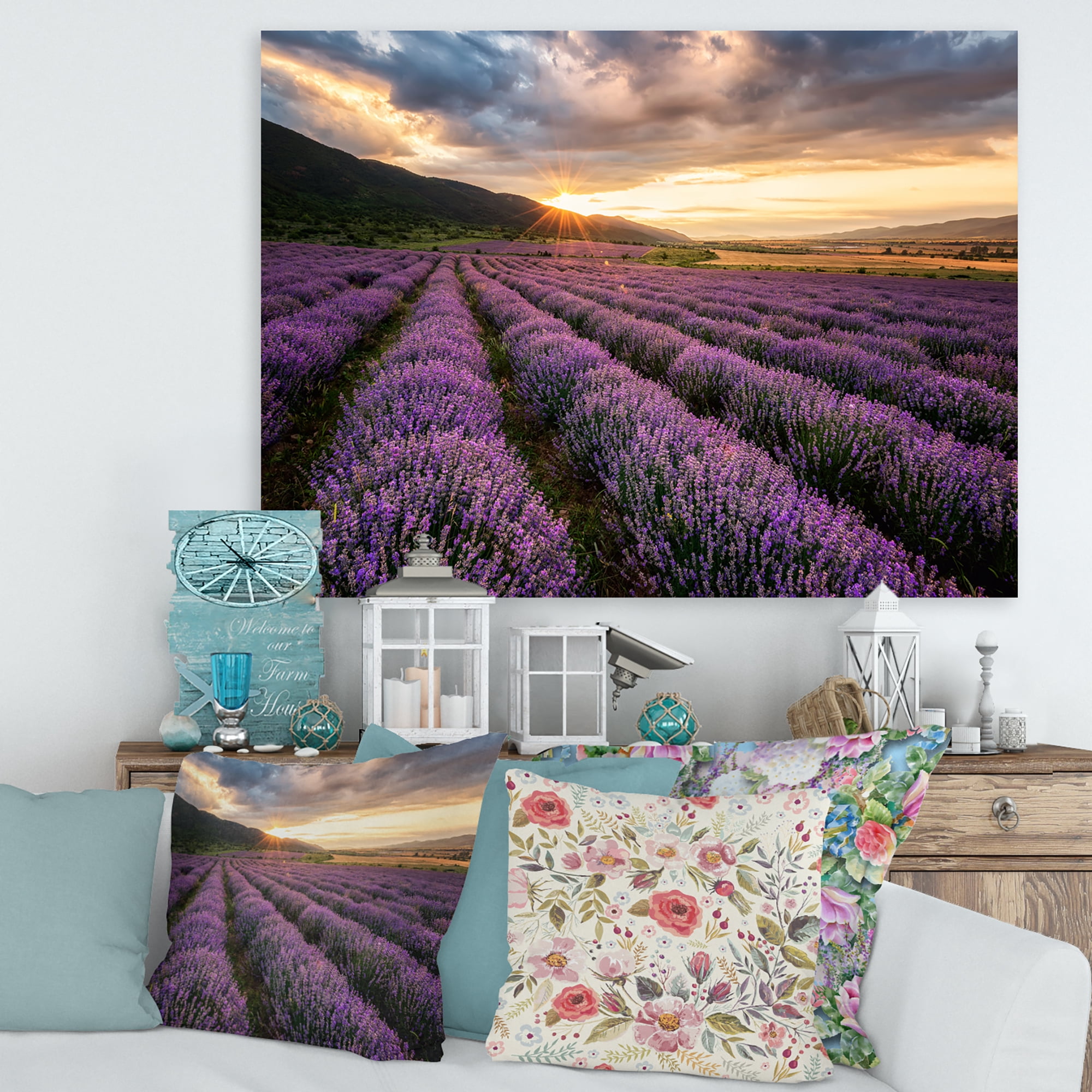 Designart ' Dramatic Clouds and Sunrise Over Lavender Field VI ' Farmhouse Canvas Wall Art Print