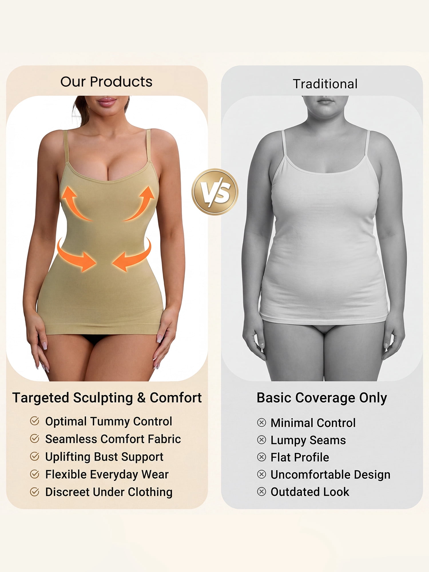 DARING DIVA Women's Slim Adjustable Straps Tummy Control Camisoles M Beige