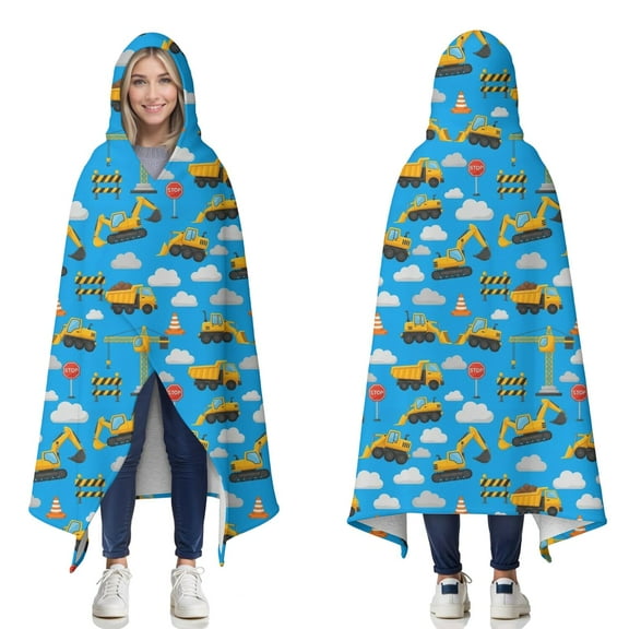 Wearable Blanket,Cartoon Construction Vehicles Barriers Blue Pattern Hooded Wearable Sherpa Blanket for Adults & Teens,Winter Poncho Shawl Wrap Cape Thick Warm,50"x60"