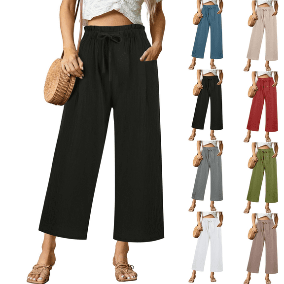 Chroia Capri Pants for Women High Waisted Wide Leg Linen Casual Gaucho Pants with Pockets
