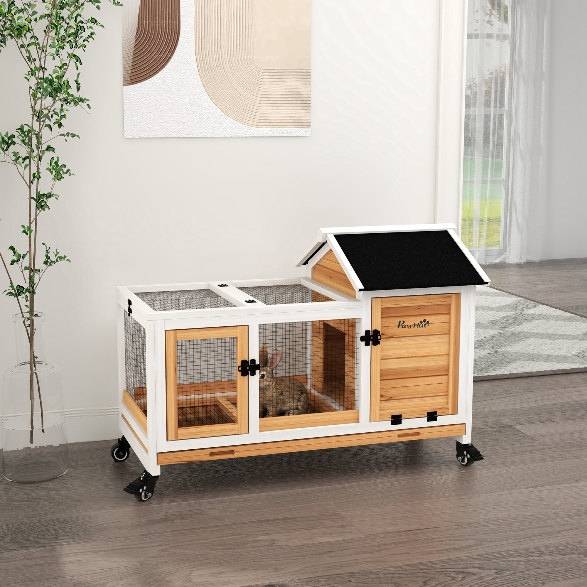 PawHut Indoor Outdoor Wooden Rabbit Hutch with Wheels, Large Bunny Cage with Run, Slide-out Tray for Small Animals, Guinea Pig, Yellow