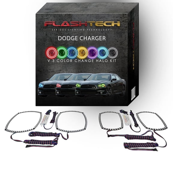 Flashtech RGB Multi Color Changing LED Halo kit for 2011-2014 Dodge Charger Headlights