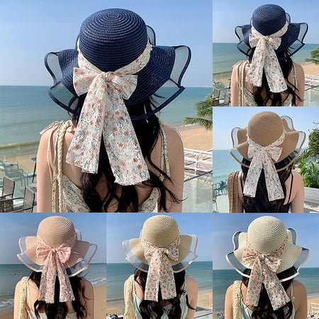CAIXIA Women s Small Floral Straw Sun Hat Bow Ribbon Mesh Elegant Cap Lightweight Breathable Summer Outdoor Travel Headwear
