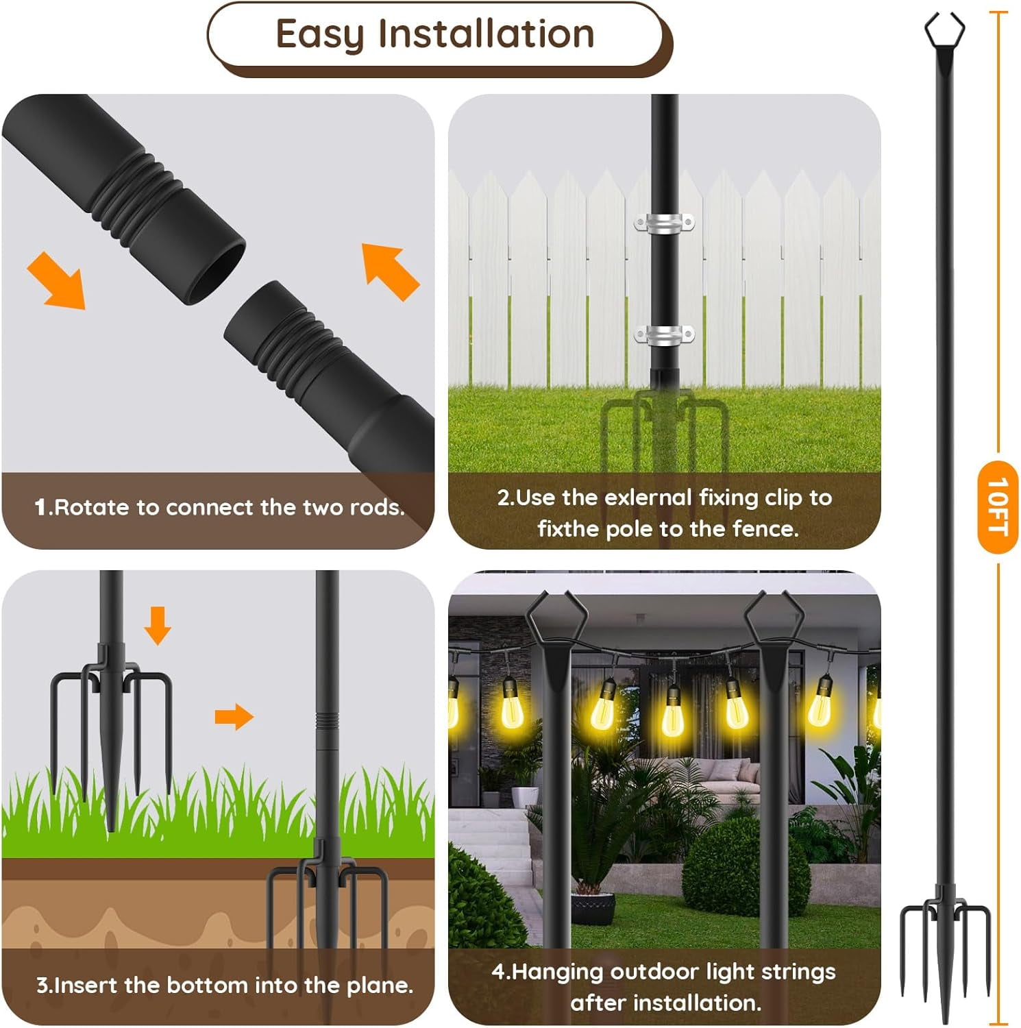 WIXOLBOR 10Ft String Light Poles 4 Pack,Light Poles for Outside Lights,Outdoor with Fence Brackets Hanging Lights,Metal Stand Deck Patio Backyard