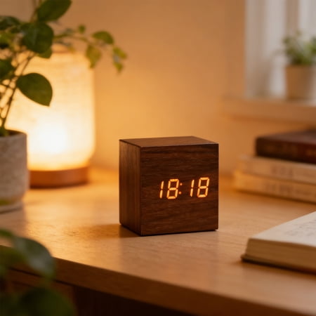 Eolstice Minimal Wooden Block Digital Desk Clock, Voice Control Alarm Time Date Temperature Display, for Bedroom Office Home Decor