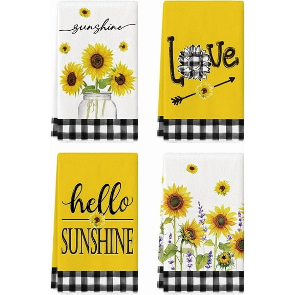 SM-XLHN Buffalo Plaid Yellow Hello Sunshine Sunflowers Love Summer Kitchen Towels Dish Towels, 18x26 Inch Farmhouse Decoration Hand Towels Set of 4