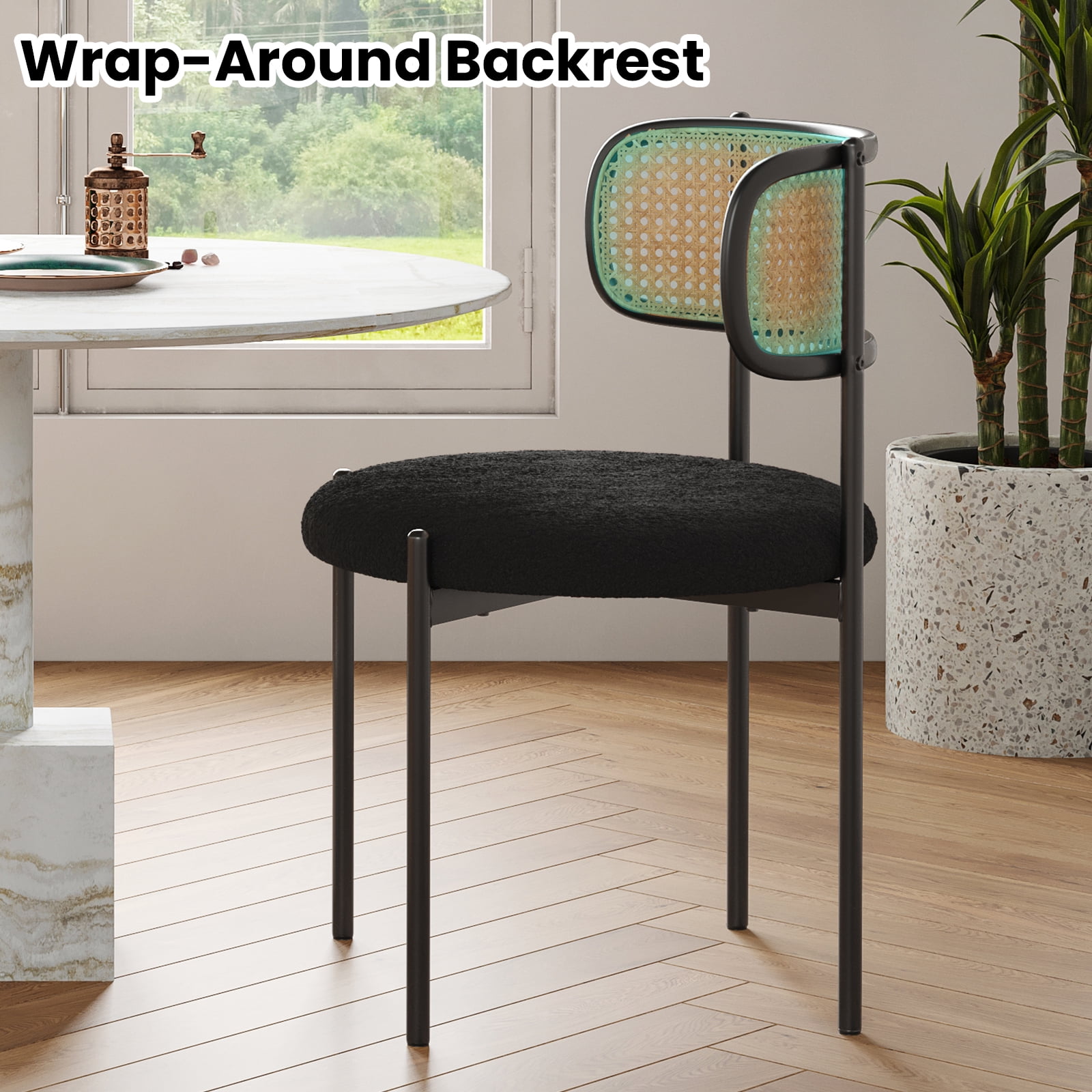 Farini Upholstered Dining Chair Set of 2, Rattan Backrest Kitchen Chair, Black