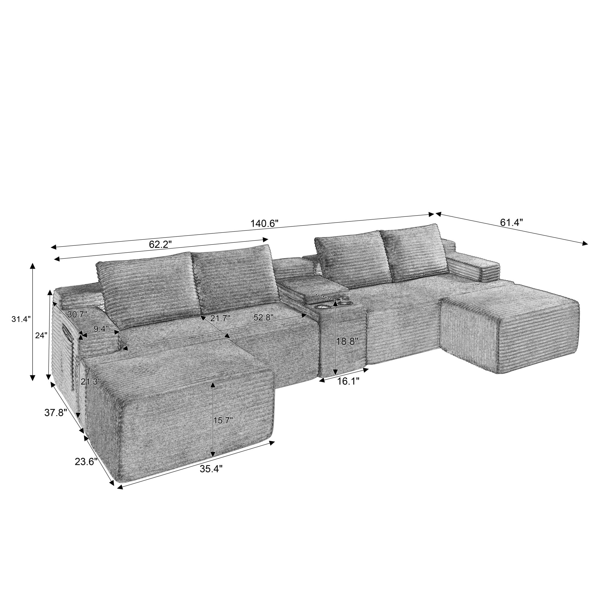 Gewnee 140.6" U‑Shaped Cloud Modular Sectional Sofa, Fluffy Corduroy Deep Seat Couch with Double Chaise Lounge, Storage Central Console & Cup Holders, Gray, for Living Room