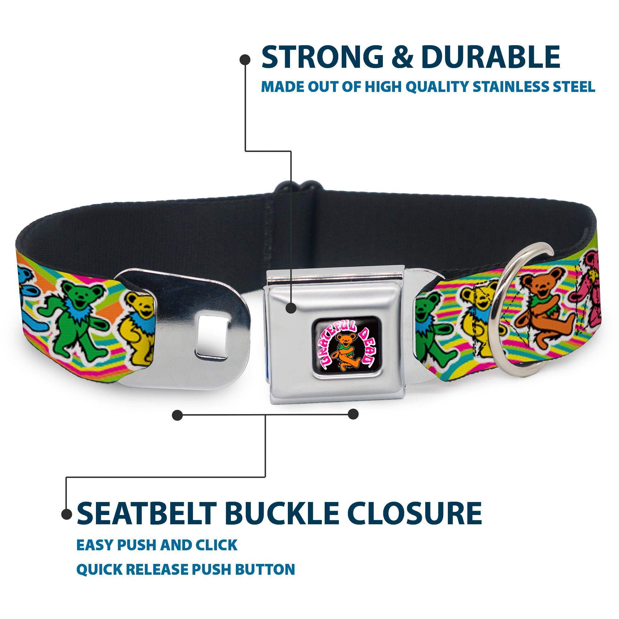 Grateful Dead Pet Collar, Dog Collar Metal Seatbelt Buckle, Grateful Dead Dancing Bears Swirl Multi Color, 15 to 24 Inches 1.0 Inch Wide