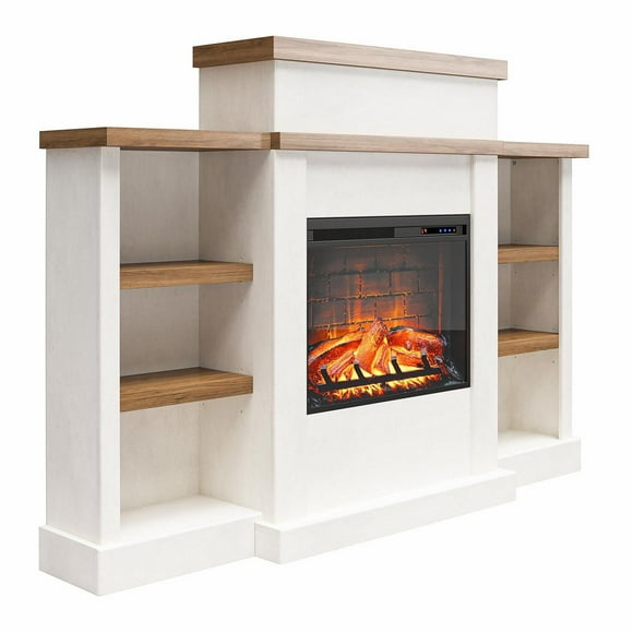 Ameriwood Home Gateswood Electric Fireplace with Mantel and Bookcase, Plaster and Walnut