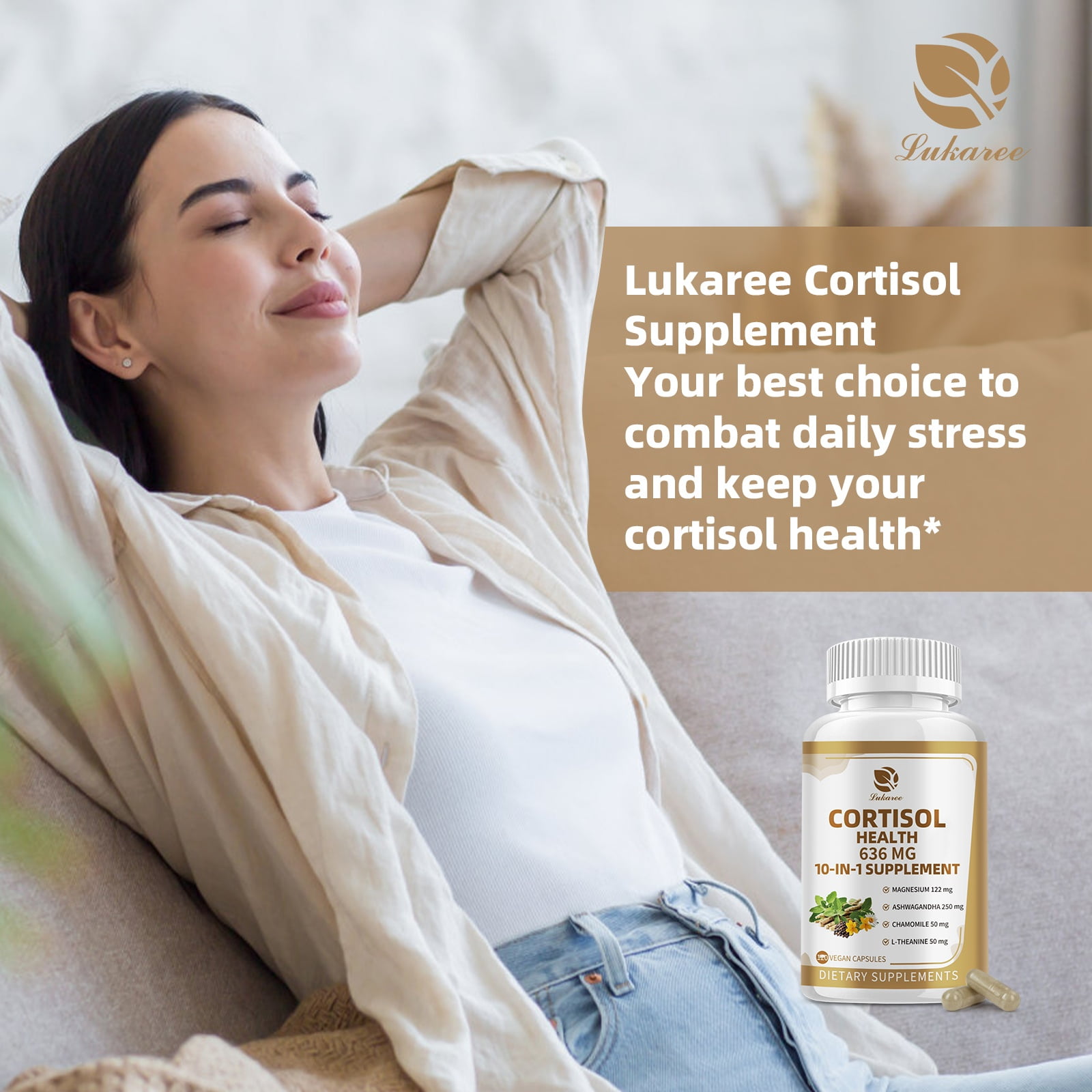 Cortisol Supplements with Magnesium, Ashwagandha, Chamomile, L-Theanine, Phosphatidylserine, Rhodiola, Vitamin C & D3, for Women Men, 90 Vegan Capsules