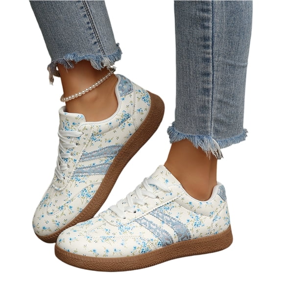 Women's Ditsy Floral Shoes, Side Stripe and Laces Design, Women's Casual Sports Walking Shoes, Sneaker, Comfortable and Stylish Footwear Dressy Trainers, 36