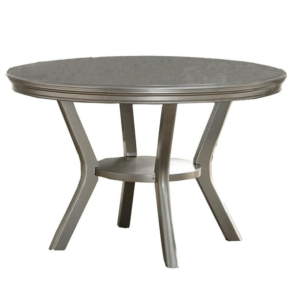 Benjara 48" Round Modern Rubber Wood Dining Table with Bottom Shelf in Silver