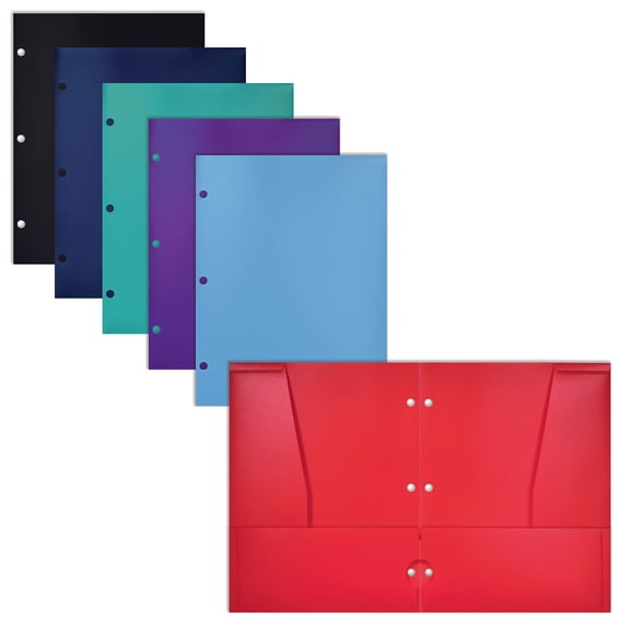 4 Pocket Plastic Folders (6 Pack), 3 Hole Punch, Extra Sturdy Plastic Folders, Assorted Primary Colors, Letter Size, with Business Card Slot, by Better Office Products 