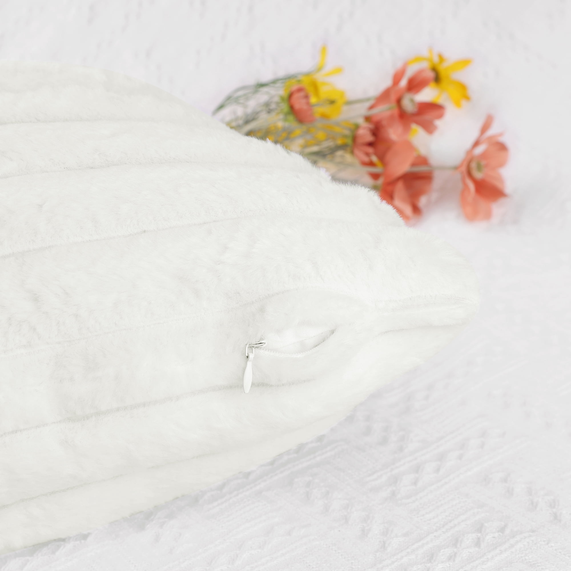 Unique Bargains Pack of 4 Solid Striped Throw Pillow Covers Plush Faux Fur Pillow Cover White/Light Brown 16" x 16"