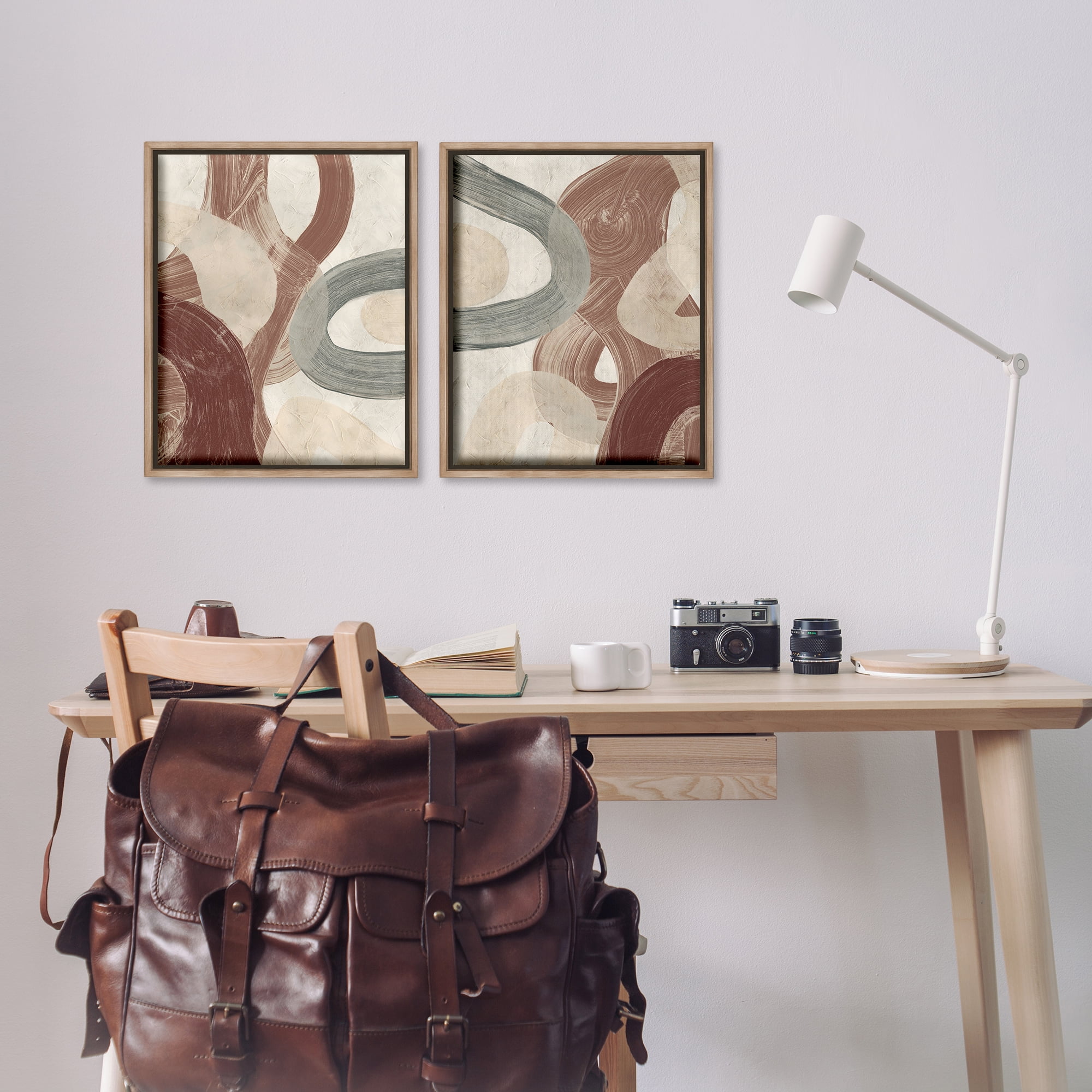 Stupell Industries Curvy Abstract Swirls Abstract Painting Brown Floater Framed Canvas Art Print Wall Art, 17 x 21, Set of 2