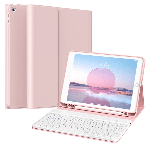 ZKTUYU Keyboard Case for iPad 9th Generation 2021/8th Gen 2020/7th Gen 2019 10.2 Inch, Stand Folio Keyboard Cover with Pencil Holder, Magnetically Detachable Wireless Bluetooth Keyboard, Pink
