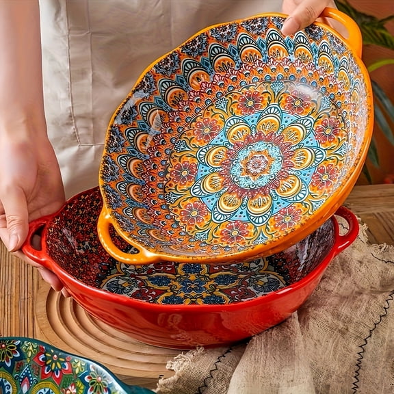 [Bohemian Ceramic Bowl] 1pc Bohemian Ceramic Bowl - Large 12-inch Capacity, Dishwasher, Microwave & Oven Resistant, Healthy Porcelain Material, Beautiful Spices Jars, Suitable for Salads & Baking