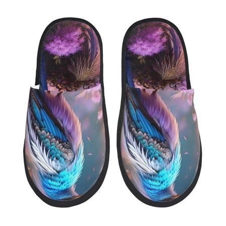 Balery Beautiful Flower Blue Bird Slient Indoor Furry Fleece Comfort House Shoes Soft Non-Slip Home Shoes Cotton slippers House Slippers-- Large