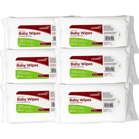 6 Pack - Leader Baby Wipes, Resealable Refill Pack, 7.1” x 7.9” (17.8 cm x 20.1 cm), Lightly Scented, 80 Count