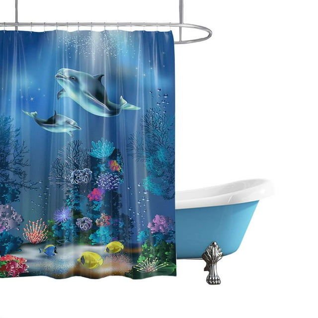 Linda cortina de ducha con delfines, peces tropicales, colorida cortina de ducha de arrecife de coral, vida marina en el baño del océano azul profundo, 72x72 pulgadas