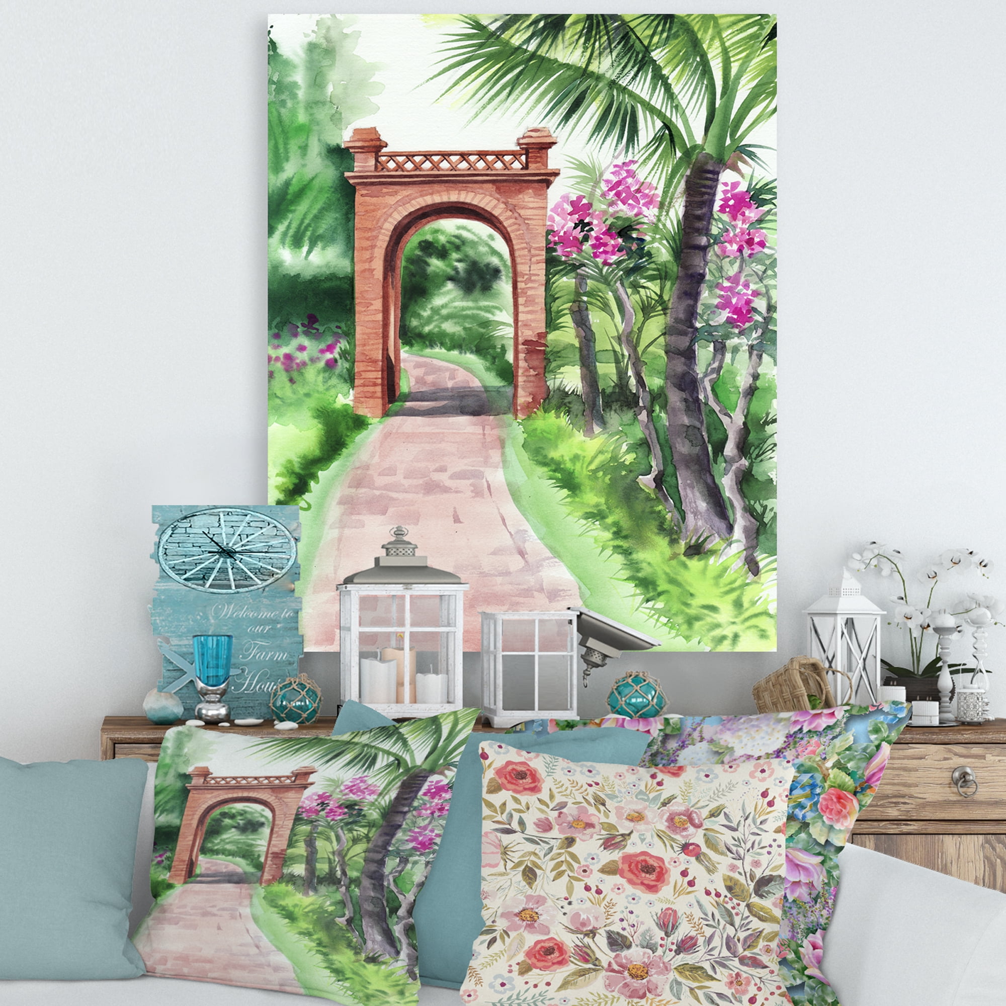 Traditional Gate On Path In Tropical Oasis 16 in x 32 in Painting Canvas Art Print, by Designart