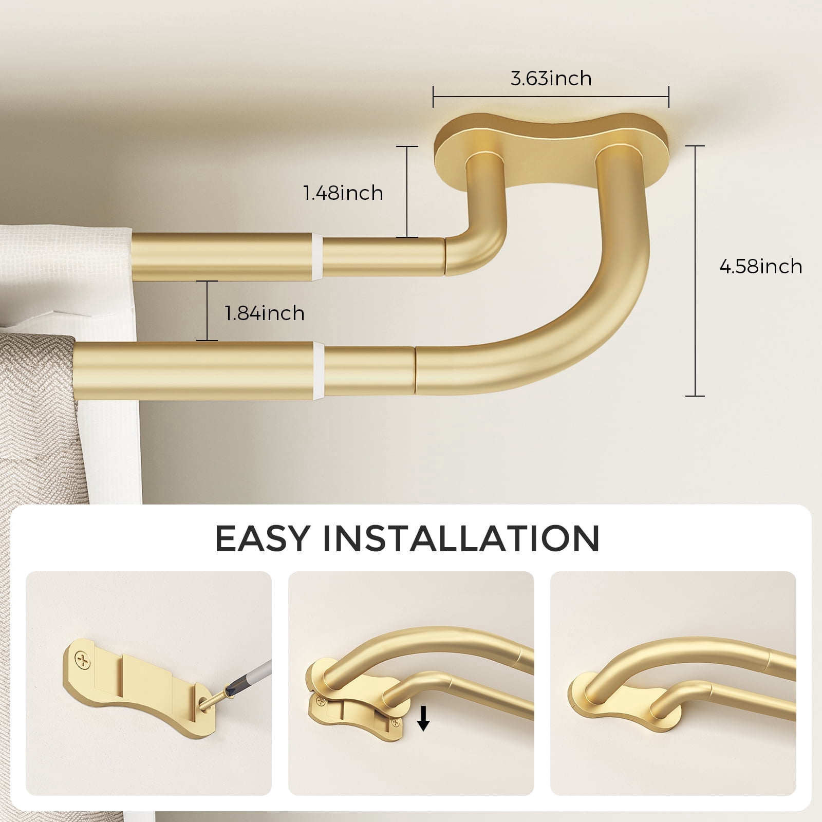 OLV Wrap Around Double Curtain Rods for Window,30-60 inch,Gold