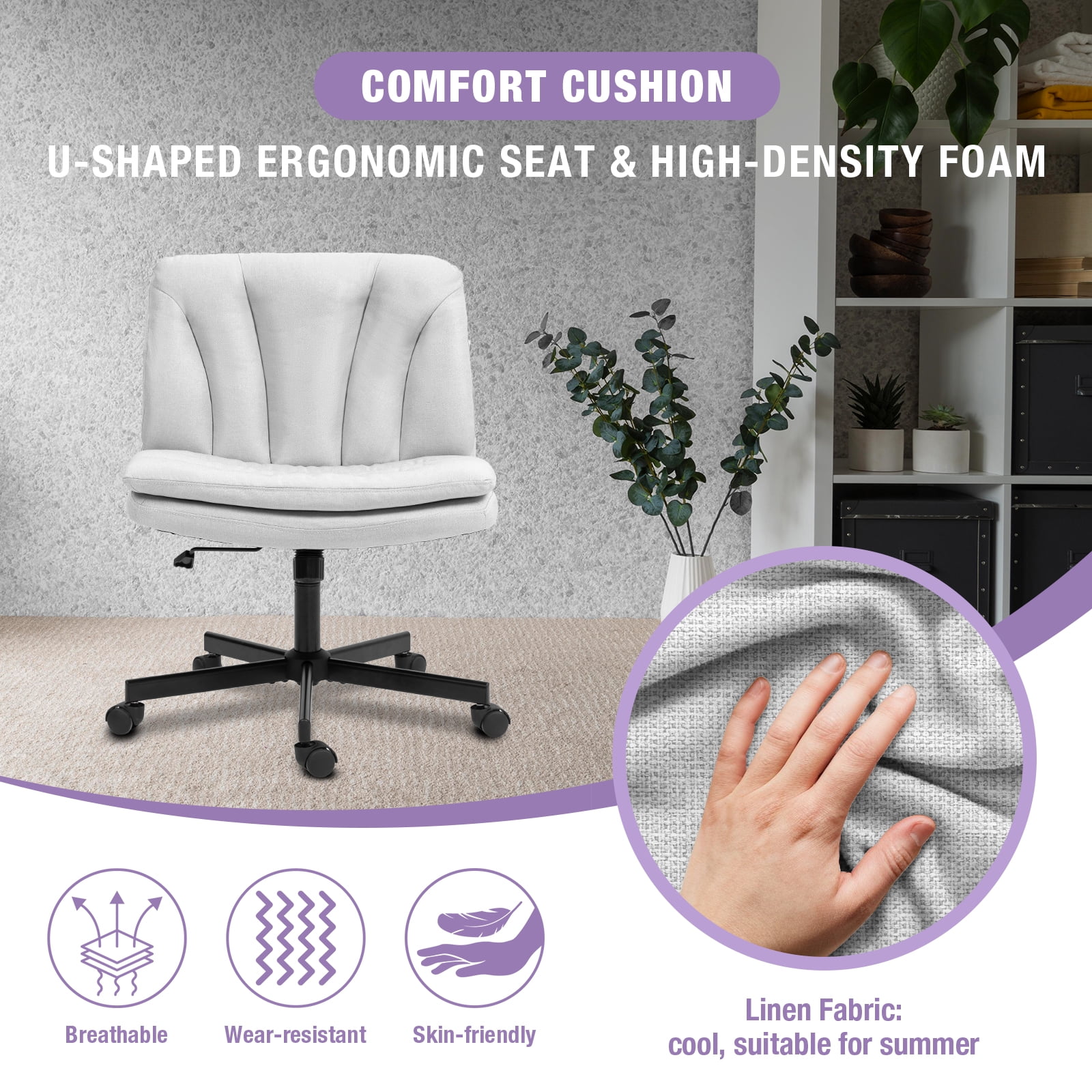 Criss Cross Legged Chair Ergonomic Home Office Desk Chair with Casters, Armless Wide Comfy Computer Task Seat Swivel Rolling Vanity Chair with Height Adjustable and Rocking Function, Beige