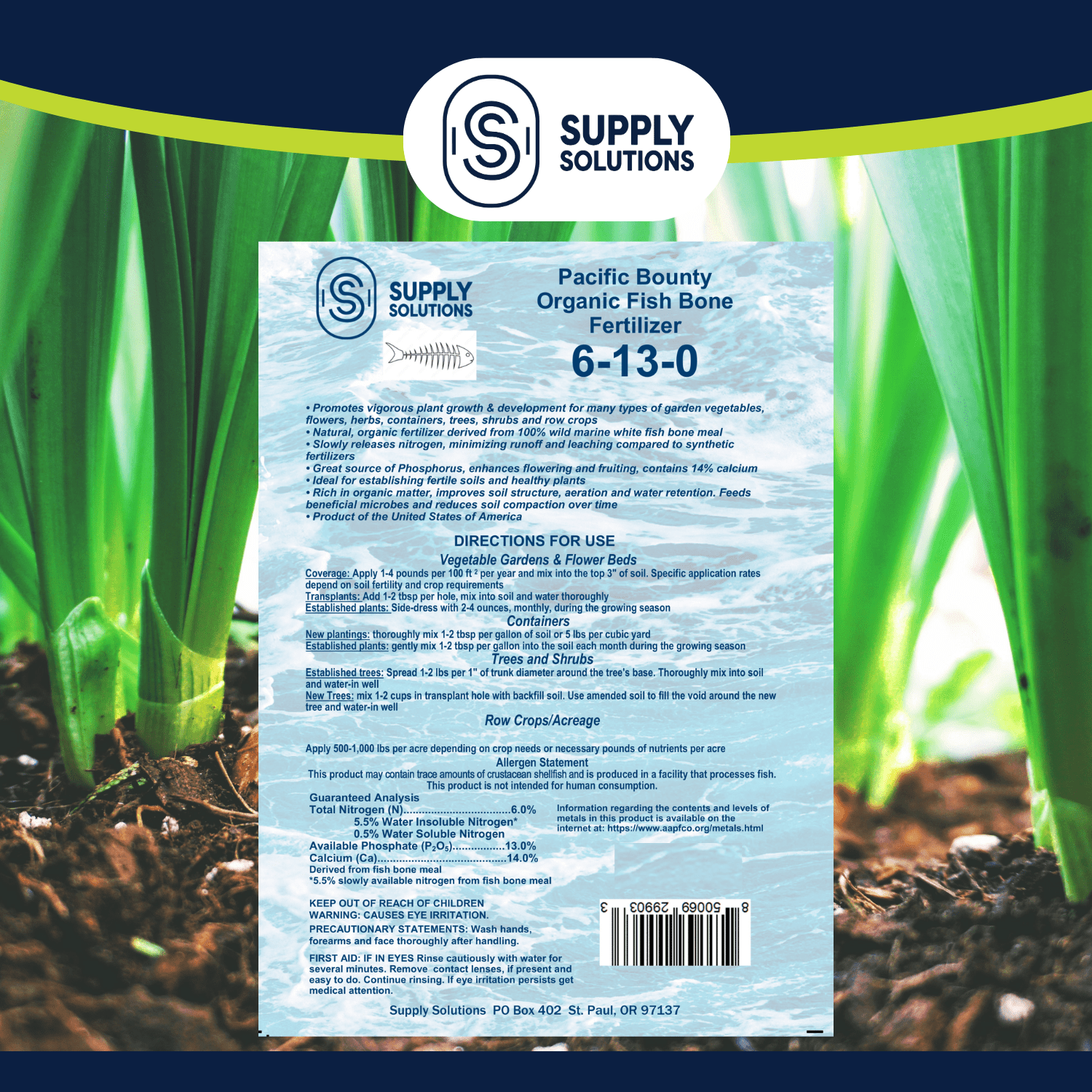 Supply Solutions Pacific Bounty Organic Fish Bone Meal Fertilizer 6-13-0 - Plus 14% Calcium for Plants Root Development- High Phosphorus Plant Food for Tomatoes, Flowers, Bulbs, Veggies (5lbs)