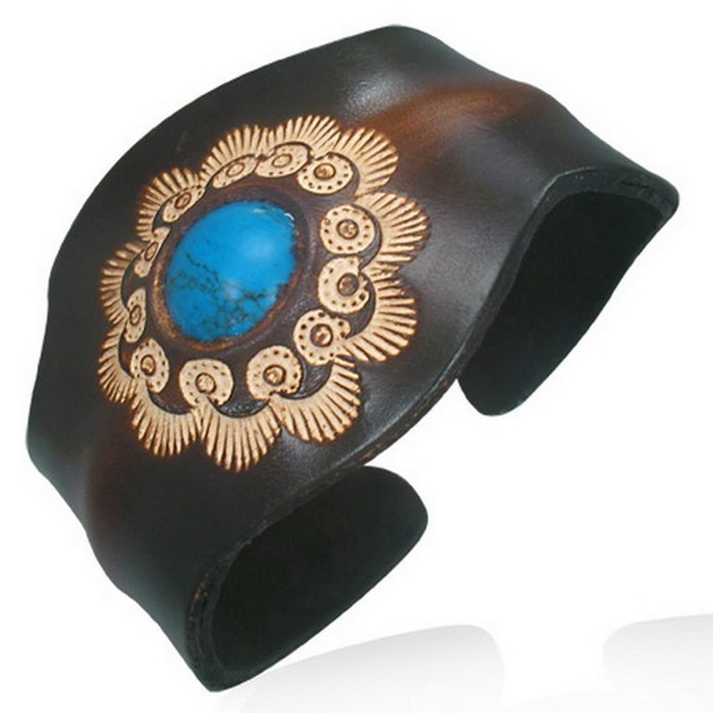 Brown Tan Leather Blue Turquoise-Tone Engraved Cuff Bangle Womens Adjustable Bracelet