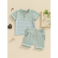thumbnail image 2 of Bagilaanoe 2pcs Toddler Baby Boy Shorts Set Short Sleeve Striped Print T Shirt Tops + Shorts 6M 12M 18M 24M 3T 4T Kids Casual Summer Clothes, 2 of 7