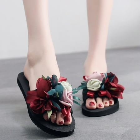 

YOTAMI Sandals for Women 2022 Women s Bohemian Flower Flat Slippers Summer Sandals Non-slip Beach Shoes Wine