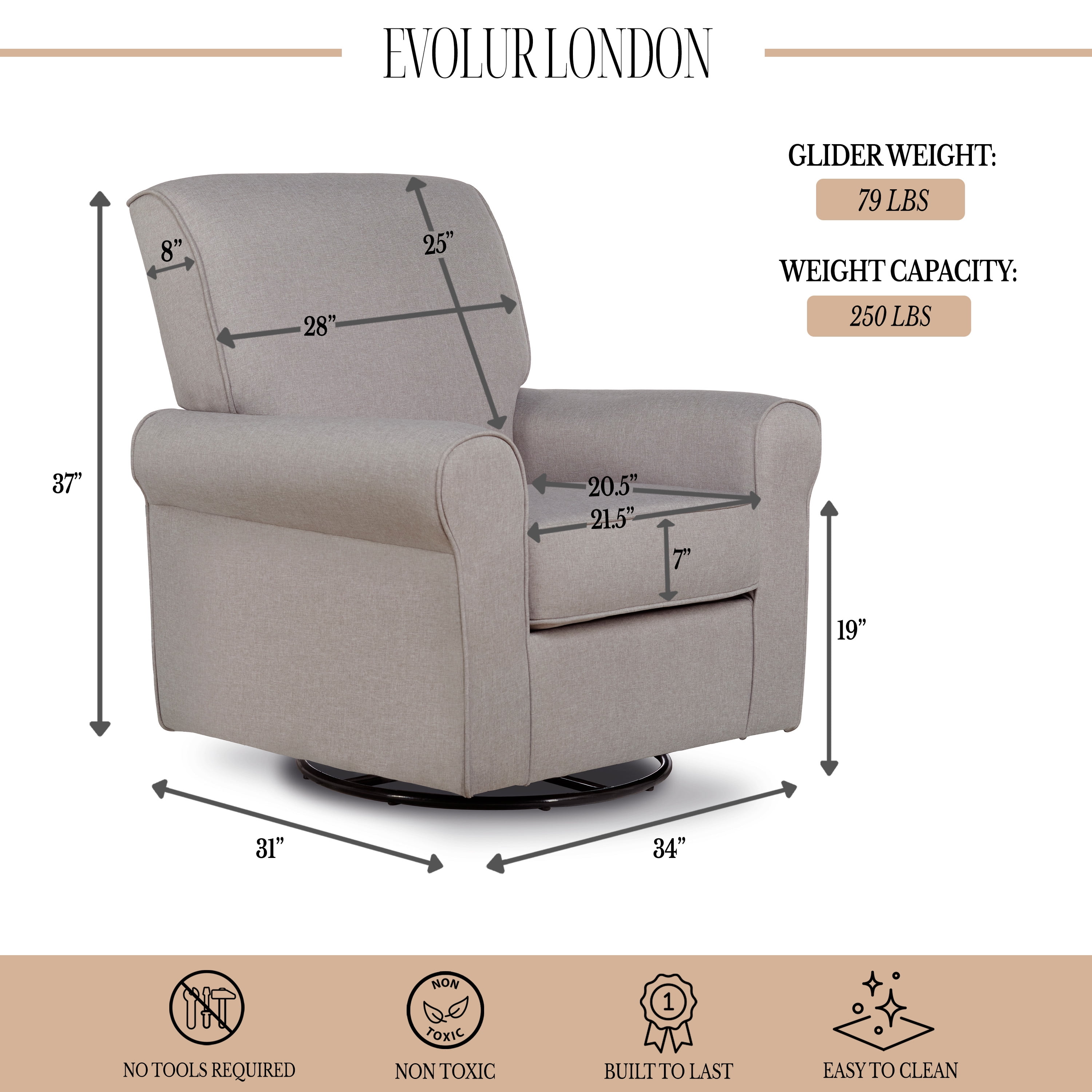 Evolur London Upholstered 360 Swivel l Glider I Rocker I Nursery Glider I Durable Soft Fabric in Fossil Finish