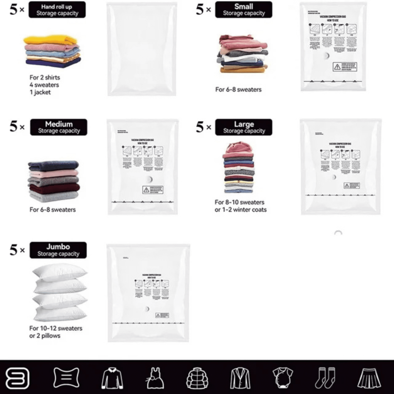 Electric Vacuum Storage Bags, 25-Pack Space Saver Bags for Clothes, Bedding & Travel – Variety Sizes