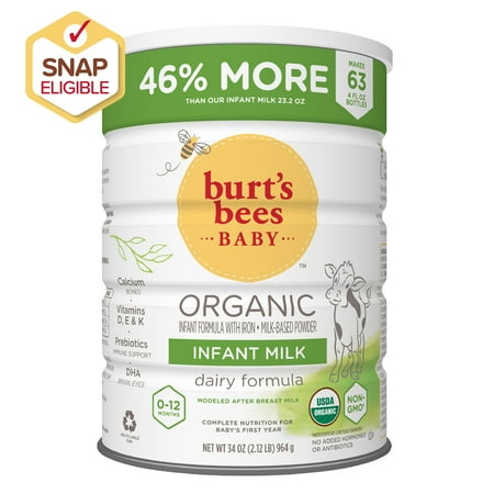 Burt's Bees Infant Milk Organic GMO-Free Powder Baby Formula, 34 oz Canister, with Iron