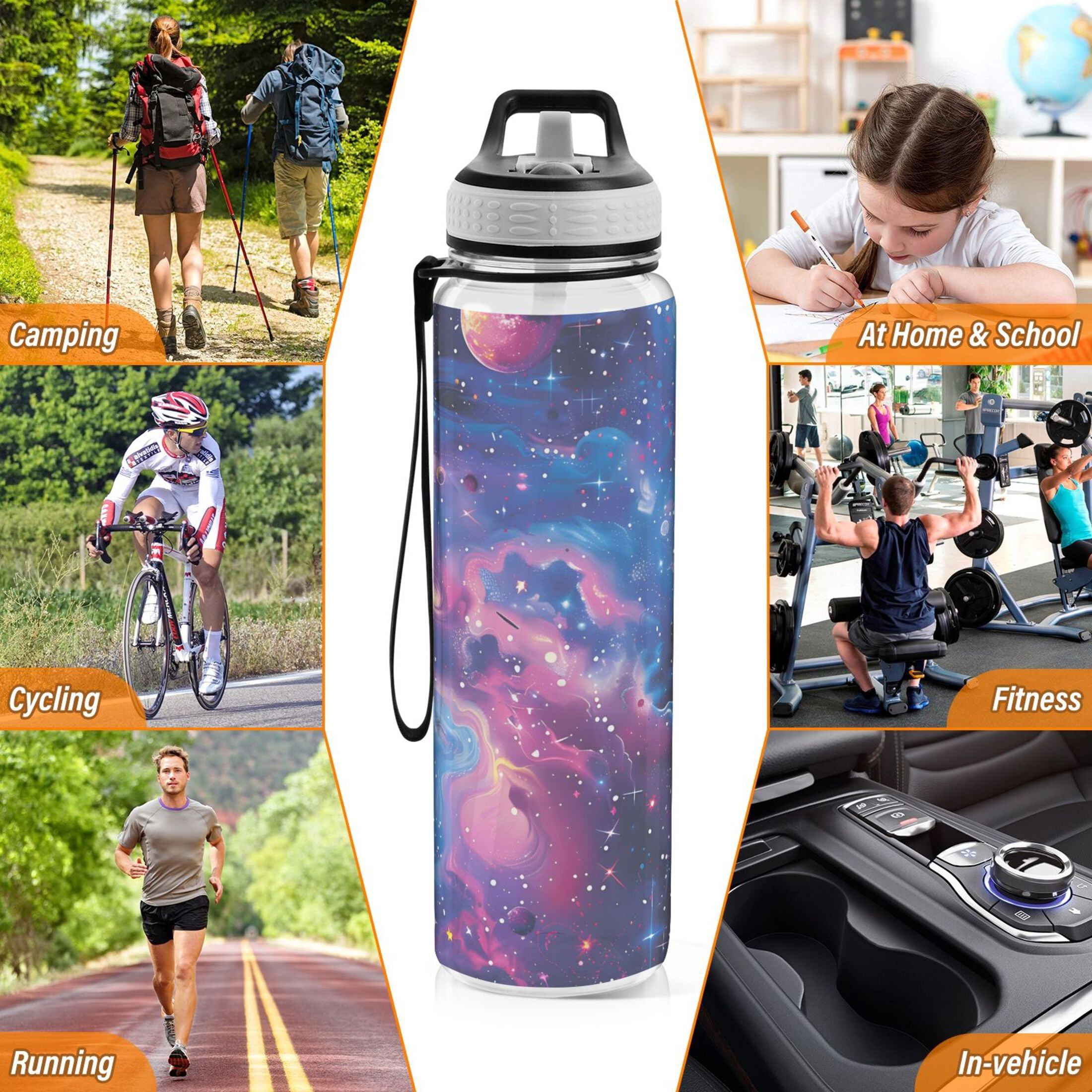 Surreal Stars Planets Galaxy Transparent Sports Water Bottle with Straw BPA Free Tritan 32oz for Kids Adults Capming Sports Gym School