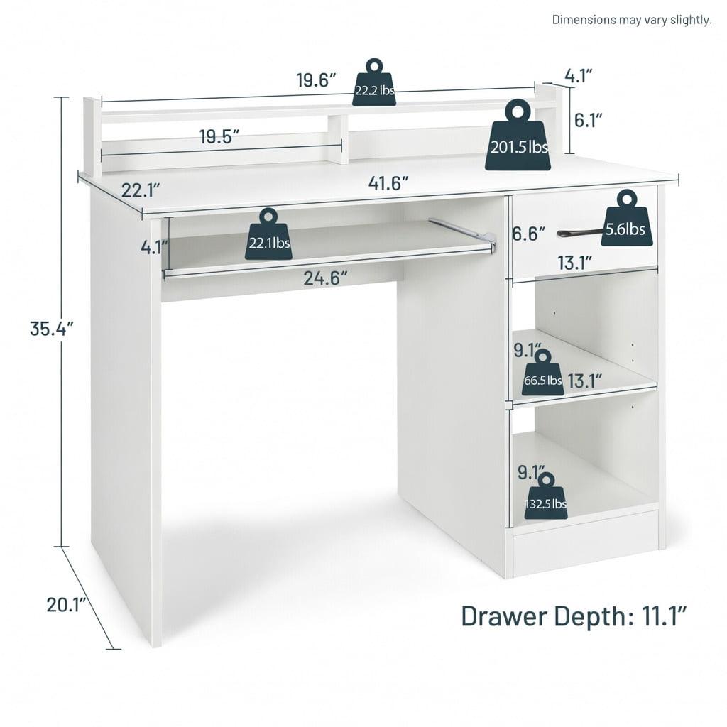 Topcobe Study Laptop Table with Drawer and Keyboard Tray, Desks for Bedrooms, Ideal for Working and Studying, White